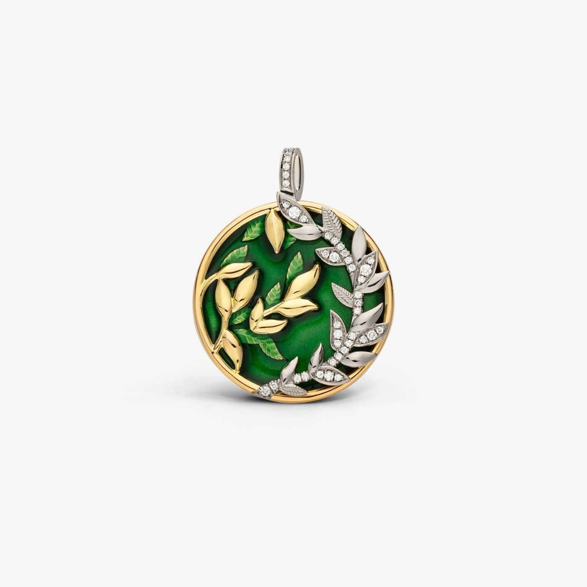 Médaille Fabula - Or jaune et blanc Diamants Email vert - 27 mm - Les Allégories